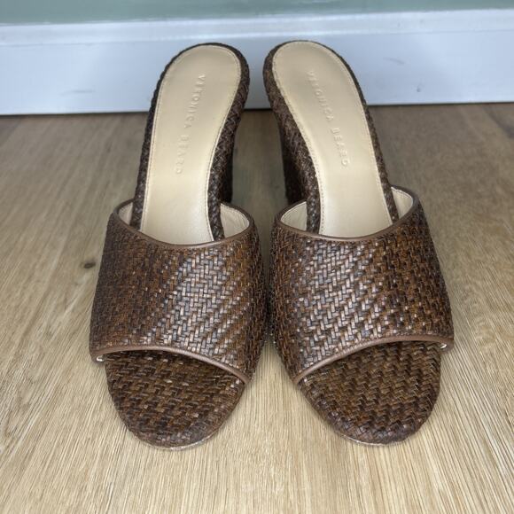 Veronica Beard Women’s 9 Sandals Dali Raffia Leather Wedge Brown Shoes Open Toe - Picture 2 of 9